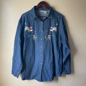 Vintage Womens XL Embroidered Holiday Snowman Blue Denim Button Down Shirt Top
